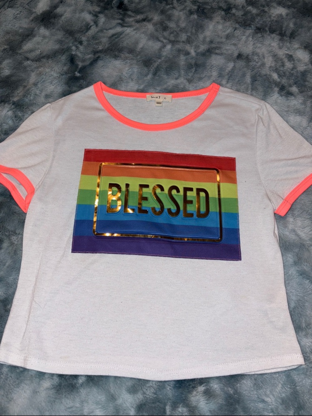Women’s Crop top 'Blessed' Rainbow Graphic Tee - White with Neon Pink Trim sizeL